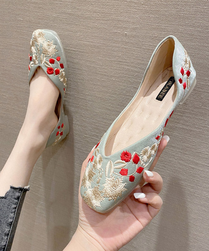 Plus Size Green Embroider Flower Cotton Fabric Flat Feet Shoes