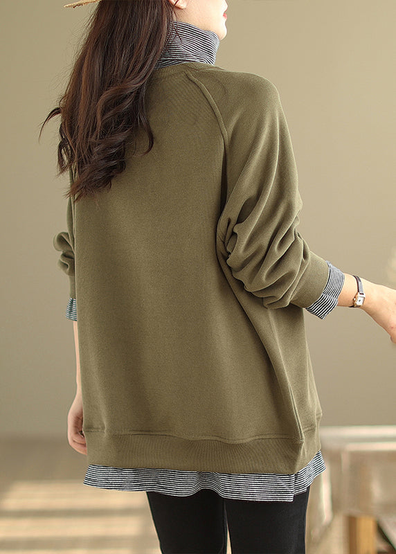 Plus Size Green Hign Neck Patchwork Warm Fleece Pullover Winter