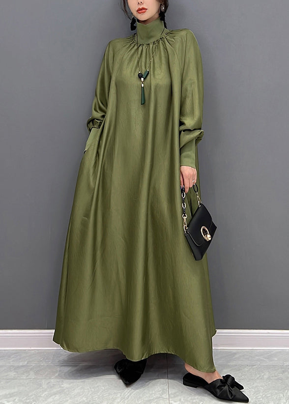 Plus Size Green Hign Neck Wrinkled Patchwork Silk Long Dresses Fall