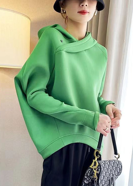 Plus Size Green Hooded Asymmetrical Design Patchwork Cotton Sweatshirts Fall