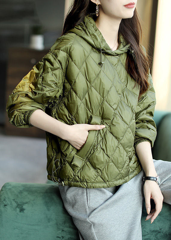 Plus Size Green Hooded Drawstring Pockets Fine Cotton Filled Sweatshirts Top Winter