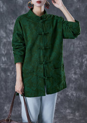 Plus Size Green Jacquard Chinese Button Cotton Coats Fall