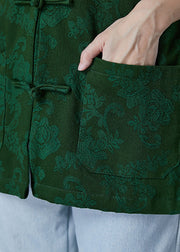 Plus Size Green Jacquard Chinese Button Cotton Coats Fall