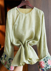 Plus Size Green O-Neck Asymmetrical Embroideried Silk Shirts Fall