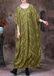 Plus Size Green O-Neck Asymmetrical Print Woolen Long Dress Batwing Sleeve