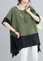 Plus Size Green O Neck Patchwork Chiffon T Shirts Top Summer