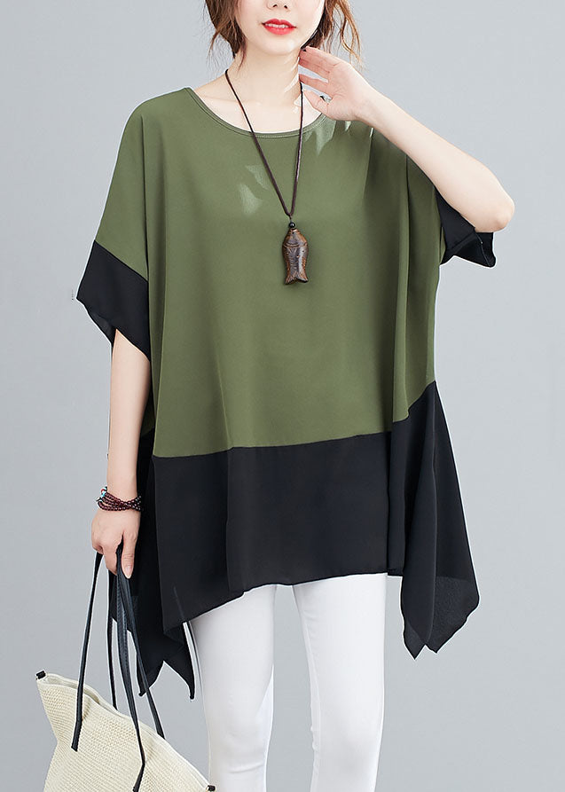 Plus Size Green O Neck Patchwork Chiffon T Shirts Top Summer