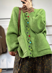 Plus Size Green O Neck Pockets Button Knit Coat Spring