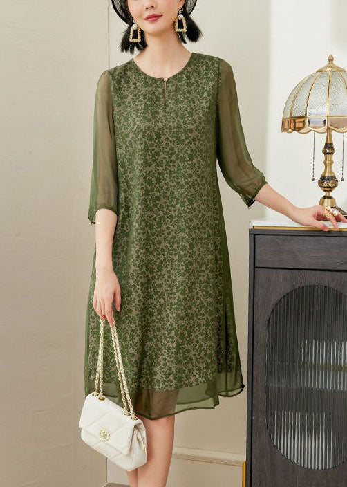 Plus Size Green O-Neck Print Chiffon A Line Dress Half Sleeve