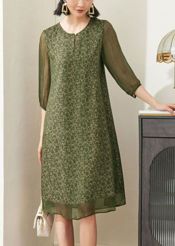 Plus Size Green O-Neck Print Chiffon A Line Dress Half Sleeve