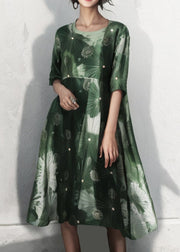 Plus Size Green O Neck Print Cotton Dress Half Sleeve