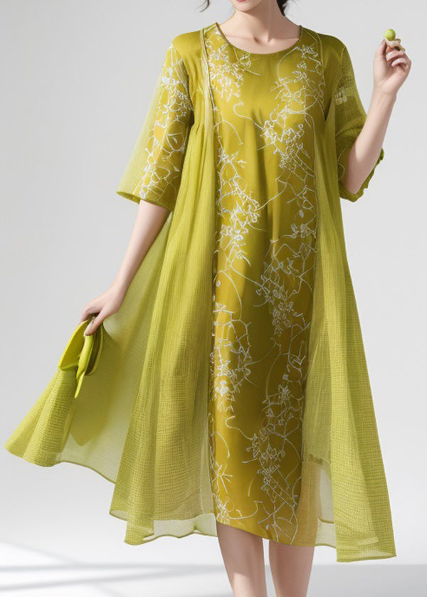 Plus Size Green O Neck Print False Two Pieces Silk Dress Summer