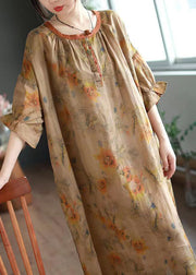 Plus Size Green O Neck Print Linen Long Dresses Half Sleeve