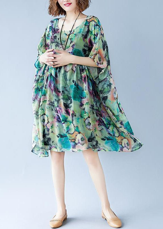 Plus Size Green O Neck Print Patchwork Chiffon Dresses Summer