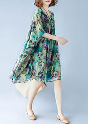 Plus Size Green O Neck Print Patchwork Chiffon Dresses Summer