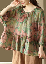 Plus Size Green O Neck Print Patchwork Linen Shirts Summer