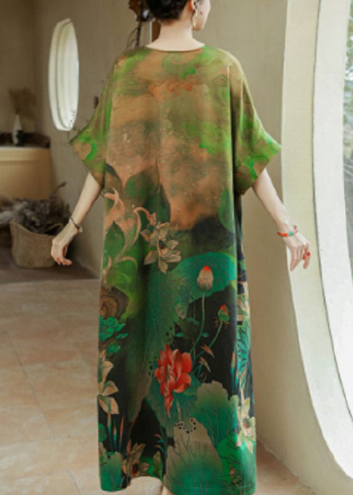Plus Size Green O Neck Print Silk Long Dresses Summer