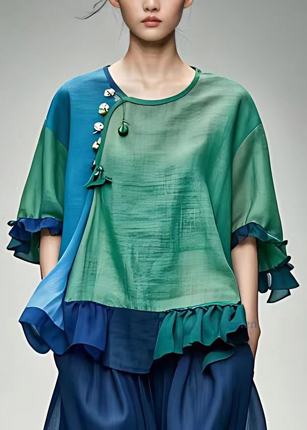 Plus Size Green O-Neck Ruffled Floral Top Half Sleeve
