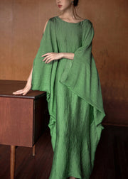 Plus Size Green O Neck Solid Cotton Long Dress Batwing Sleeve
