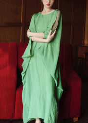 Plus Size Green O Neck Solid Cotton Long Dress Batwing Sleeve