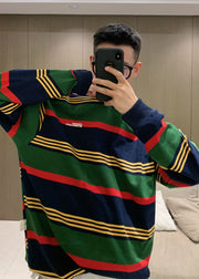 Plus Size Green O Neck Striped Cotton T Shirt Men Casual Clothing Spring