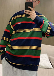 Plus Size Green O Neck Striped Cotton T Shirt Men Casual Clothing Spring