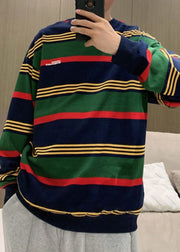 Plus Size Green O Neck Striped Cotton T Shirt Men Casual Clothing Spring