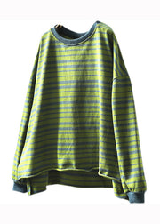 Plus Size Green O Neck Striped Patchwork Cotton T Shirt Top Fall