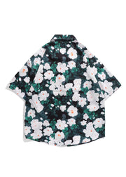 Plus Size Green Peter Pan Collar Button Print Cotton Men Two Pieces Set Summer