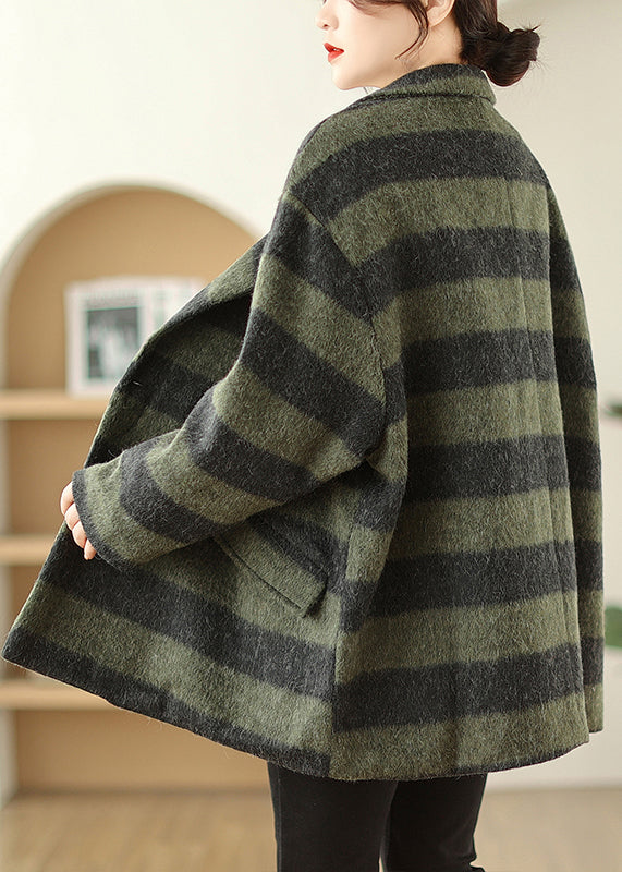 Plus Size Green Peter Pan Collar Plaid Fine Cotton Filled Woolen Coats Winter