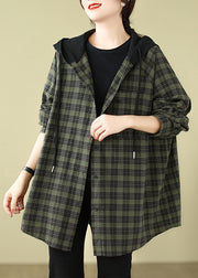 Plus Size Green Plaid Cotton Hooded Shirts Coat Spring