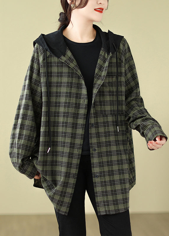 Plus Size Green Plaid Cotton Hooded Shirts Coat Spring