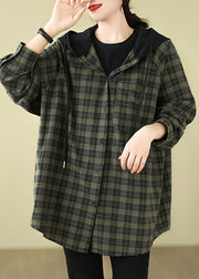 Plus Size Green Plaid Cotton Hooded Shirts Coat Spring