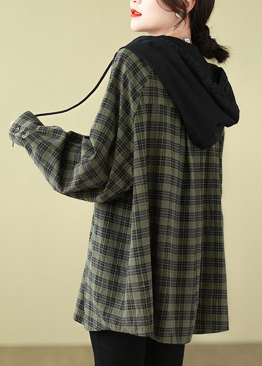 Plus Size Green Plaid Cotton Hooded Shirts Coat Spring