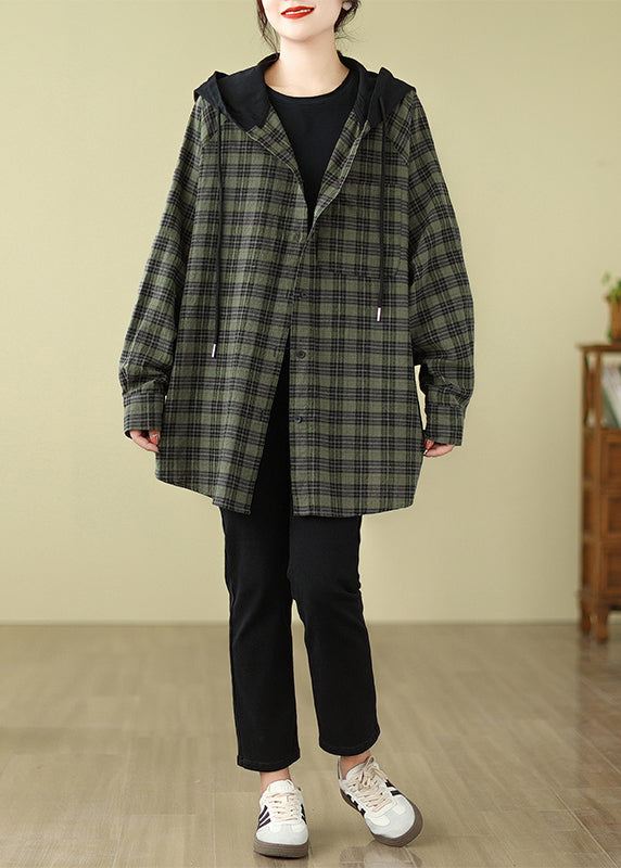 Plus Size Green Plaid Cotton Hooded Shirts Coat Spring