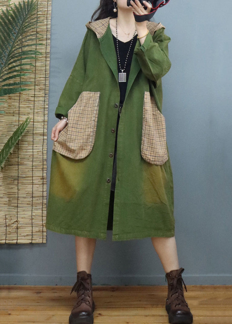 Plus Size Green Plaid Pockets Patchwork Cotton Coats Fall