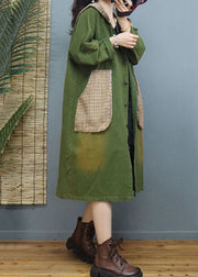 Plus Size Green Plaid Pockets Patchwork Cotton Coats Fall