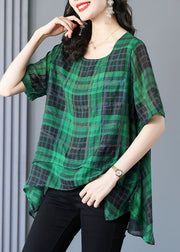 Plus Size Green Plaid Zircon Patchwork Linen T Shirts Summer