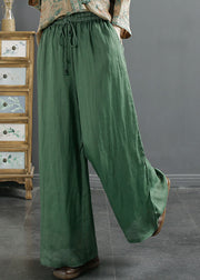 Plus Size Green Pockets Elastic Waist Ramie Wide Leg Pants Summer