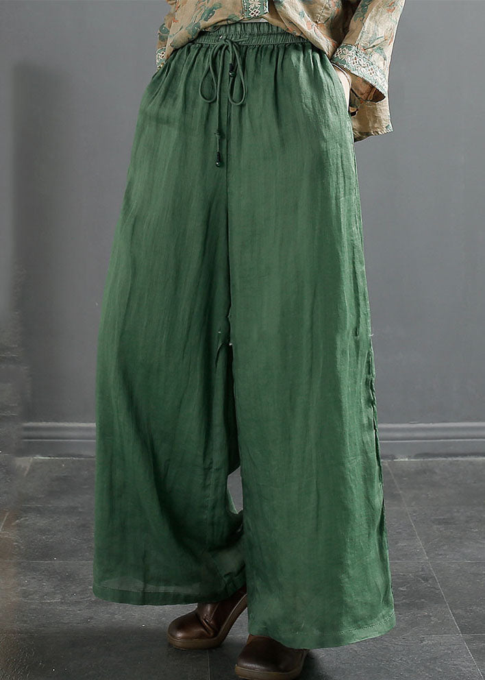 Plus Size Green Pockets Elastic Waist Ramie Wide Leg Pants Summer