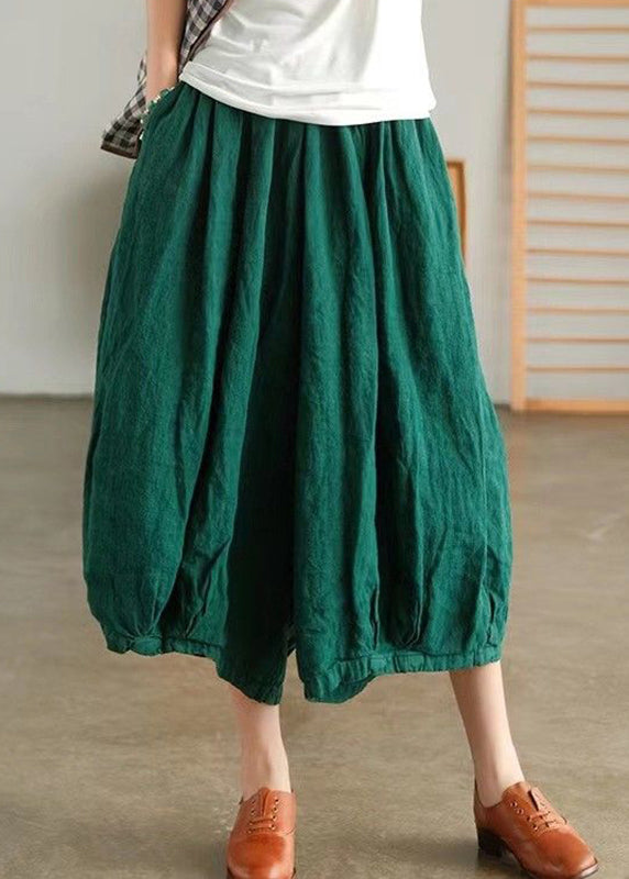 Plus Size Green Pockets Linen Crop Pants Summer