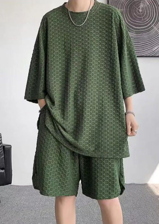 Plus Size Green Pockets Solid Cotton Men Two Pieces Set Half Sleeve