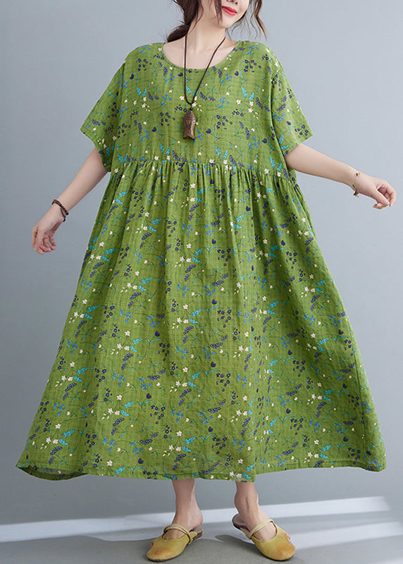 Plus Size Green Print Patchwork Long Dress Short Sleeve