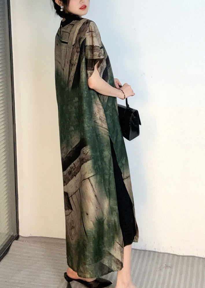 Plus Size Green Print Patchwork Maxi Dresses Short Sleeve