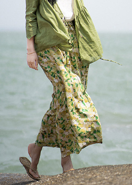 Plus Size Green Print Tie Waist Linen Wide Leg Pants Summer