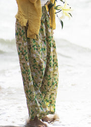 Plus Size Green Print Tie Waist Linen Wide Leg Pants Summer