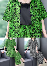 Plus Size Green Print Tops And Pants Chiffon Two Pieces Set Summer