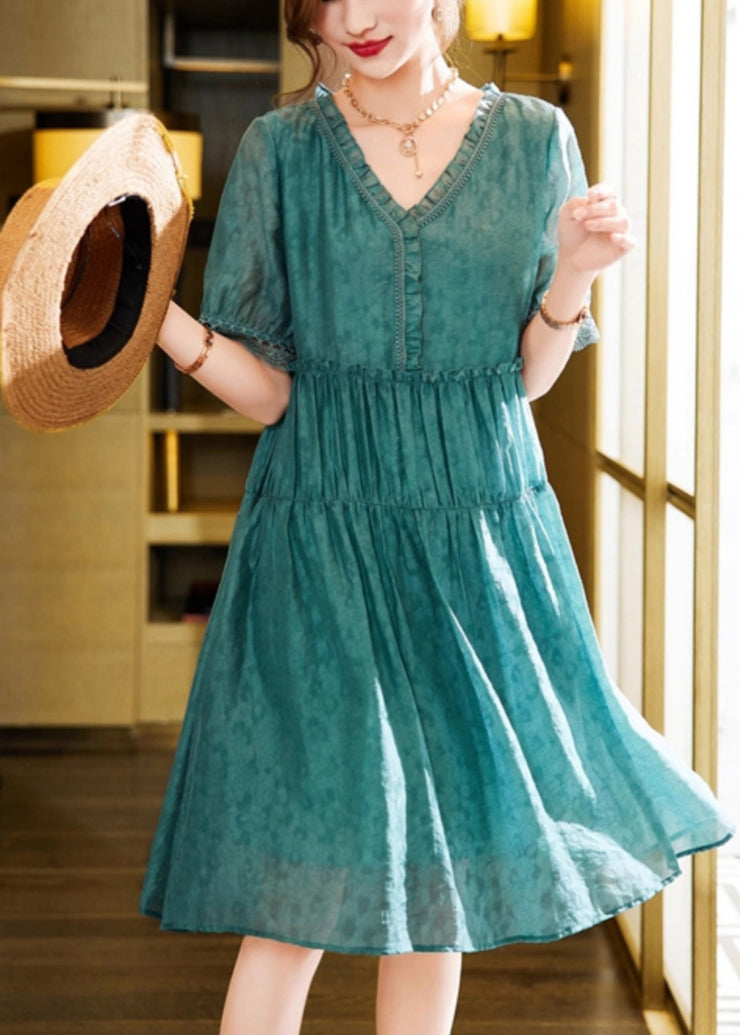 Plus Size Green Ruffled Linen Silk Vacation Dresses Summer