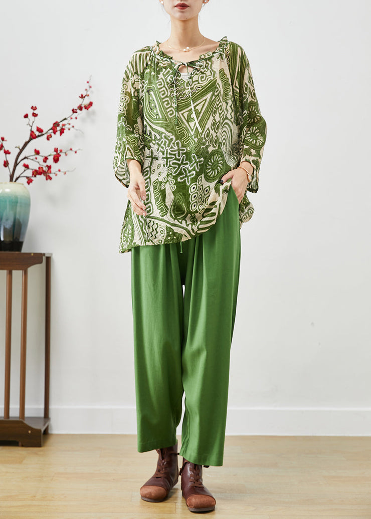 Plus Size Green Ruffled Print Linen Two-Piece Set Fall