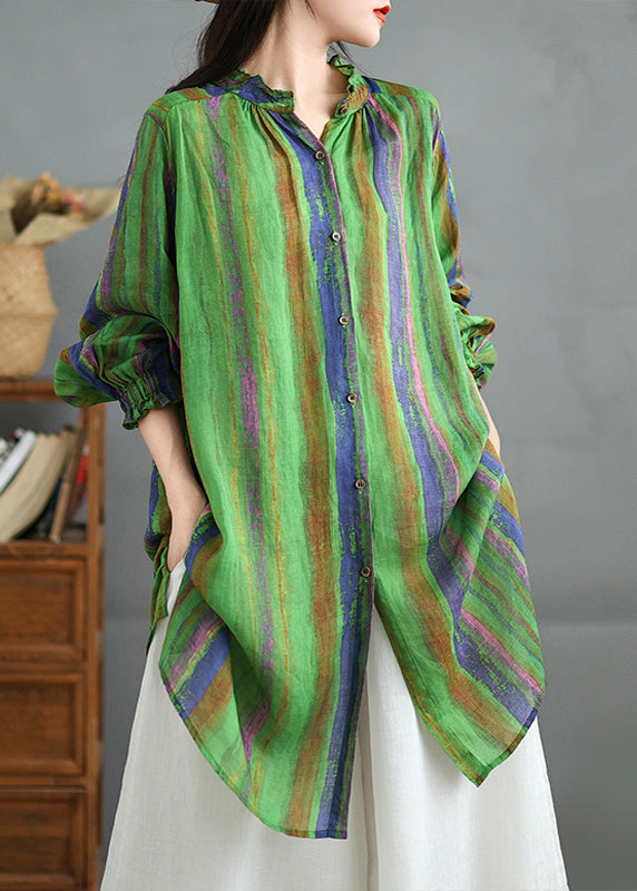 Plus Size Green Ruffled Stand Collar Striped Cotton Shirt Top Fall